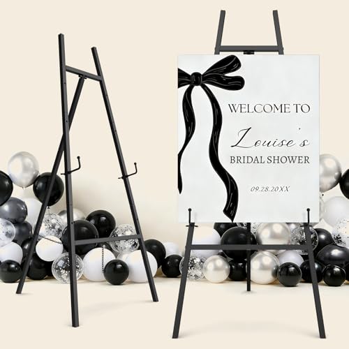 Black Easel Stand for Signs 4-Tier Height Metal Standing Easel with Adjustable Chain Heavy Duty Art Easel for Painting Wedding Sign Party Posters & Commercial Display