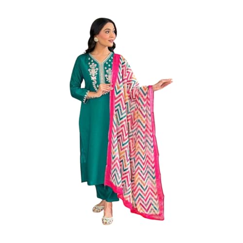 Image of Shiv Textiles Women's Chanderi Silk Embroidered Kurta Pant Dupatta Set(JDA-Lavina-Green-L)
