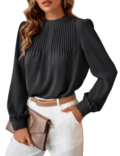 Women Solid Chiffon Tie Blouse Mock Neck Puff Sleeve Tops Pleated Front Black M #TOP24