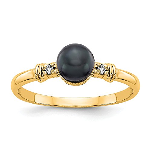 Solid 14k Yellow Gold 5mm Black Freshwater Cultured Pearl VS Diamond Ring Band Size 6.5 (.016 cttw.)
