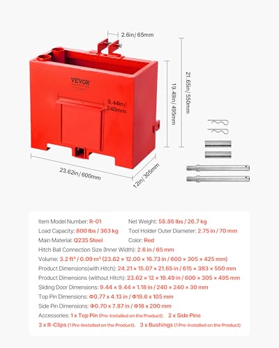 Image of VEVOR Ballast Box, 3-Point Category 1 Tractor Ballast of 800 lbs Capacity, with Standard 2 Inch Hitch Receiver, Heavy-Duty Steel 3.2 ft Large Volume Durable Loader Attachment with Sliding Door, Red