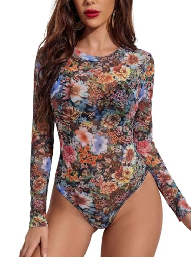 Image of Avidlove Womens Mesh Long Sleeve Bodysuit Round Neck Sheer Leotards Geo Print Bodysuit Top with Snap Crotch