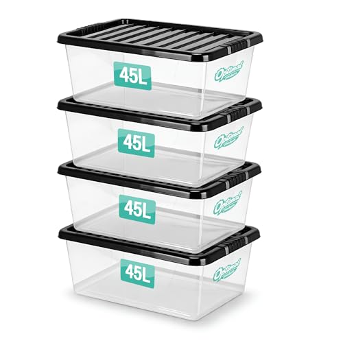 4 x 45 Litre Plastic Storage Boxes with Lids Set of 4 Clear Multipurpose Nestable Stackable Plastic Storage Box 45L Clear Containers Boxes For Home Kitchen Office Garage Accessories
