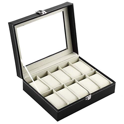 KRISHYAM® Watch Box Organizer Pillow Case 10 Slot Display Cases with Framed Glass Lid Elegant Contrast Stitching Sturdy and Secure Lock for Men and Women Watch and Jewelry Large Holder Boxes