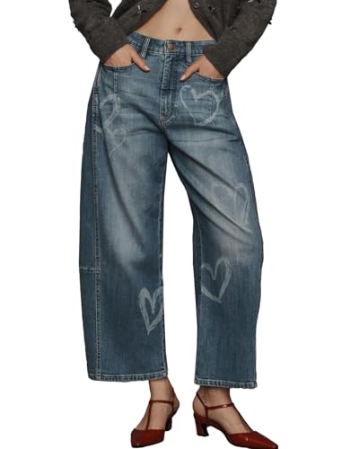 Women's Heart Barrel Jeans Wide Leg Tapered Jeans Baggy Demin Pants with Pockets