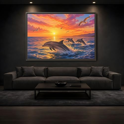 Toile dauphins nature orange et bleu décoration murale salon console 3cm - 3