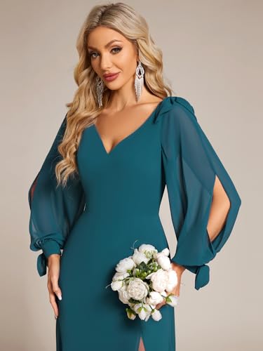 Image of Ever-Pretty Women's Fall Winter Formal Wedding Guest Dress Long Sleeve V Neck Chiffon Floor Length Bridesmaid Dresses 80116
