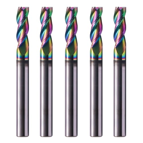 Image of 5Pcs 1 /4 inch 3 Flute Solid Carbide Square End Mills for Aluminum, DLC Coated | 37 Helix, 1 /4 inch Cutting Dia, 1 /4 inch Shank Dia, 3 /4 inch Length of Cut, 2-1 /2 inch Overall Length for Milling Aluminum and Copper