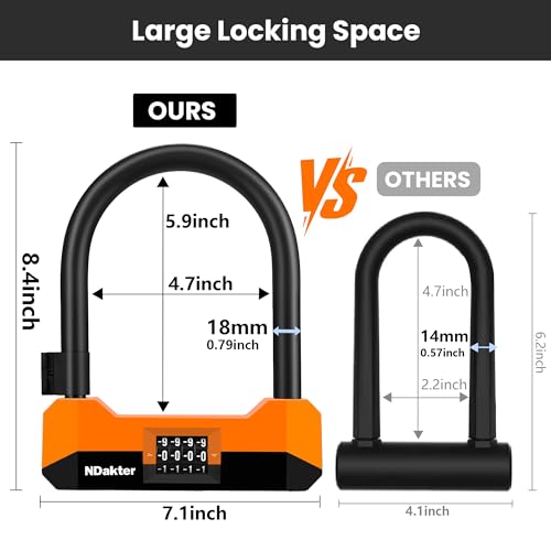 Image of NDakter Bike Locks Heavy Duty Anti Theft, 18mm Bicycle Combo U Lock, 4-Digit Resettable Combination Lock with 5FT Steel Cable and Bracket, for Electric Scooter, Ebike, Motorcycle (Orange)