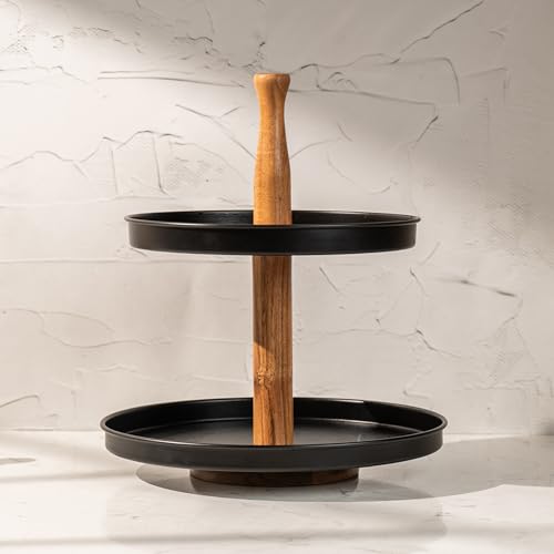 Image of Dusk Multipurpose Serveware - Metal & Acacia Wood 2-Tier Stand - Serving Stand for Snacks, Desserts & Table Display (12.5x12.5x14.5 inches)