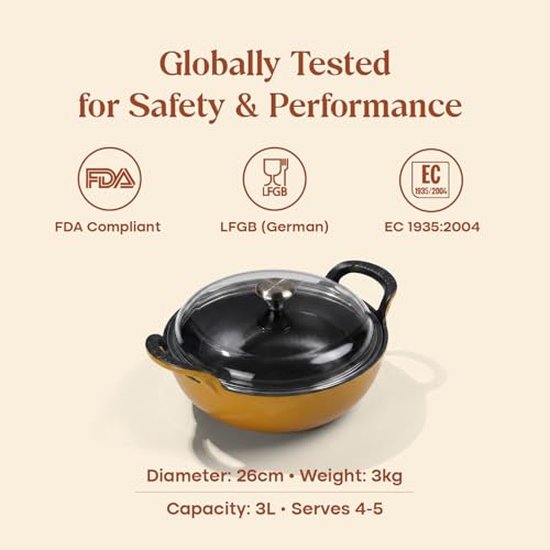 Image of CUMIN CO. Cast Iron Kadai with Lid | 3L, 26 cm | Induction Base Cookware |10 Years Warranty | Non Toxic Heavy Bottom Kadhai for Frying | Chemical Free Coating | Free Accessories | Mustard (Yellow)