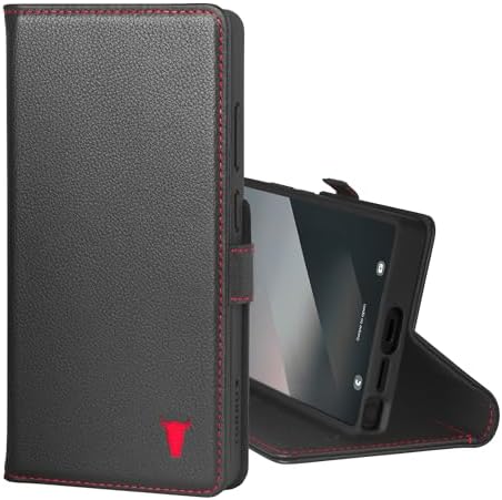TORRO Leather Case Compatible with Samsung Galaxy S25 Ultra 5G 2025 - Premium Leather Wallet Case with Kickstand Card Slots (Black with Red Details)