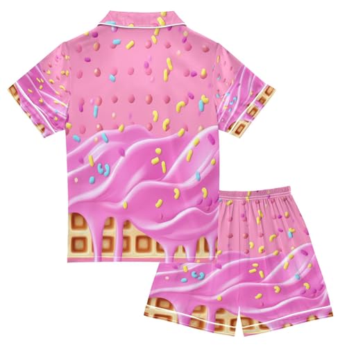ALAZA Hipster Ice Cream Waffle Satin Pajamas Set Short Sleeve Button Down Sleepwear Summer Pjs 2 Piece2