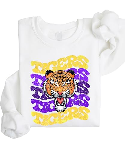 Olive Loves Apple Tigers Purple and Gold Unisex Sweatshirt for Adults and Kids Tiger Mascot Team Spirit Sweater4