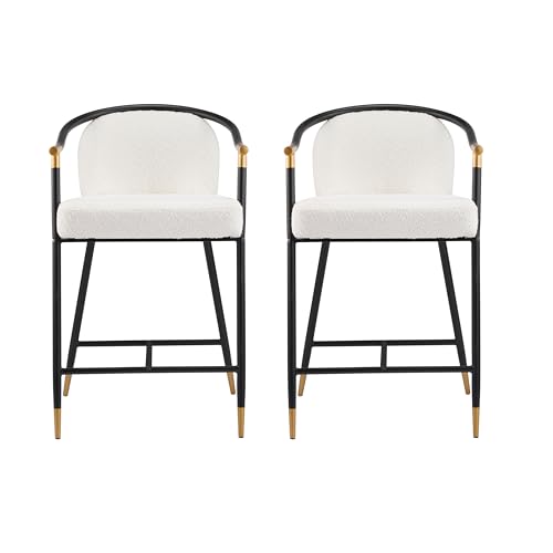 Set de 2 butacos Christopher Knight Home Varus de 26" de altura con estructura de hierro, para barra o isla de cocina, con reposapiés y respaldo, tapizados en bouclé, color beige + negro + dorado miniatura 4