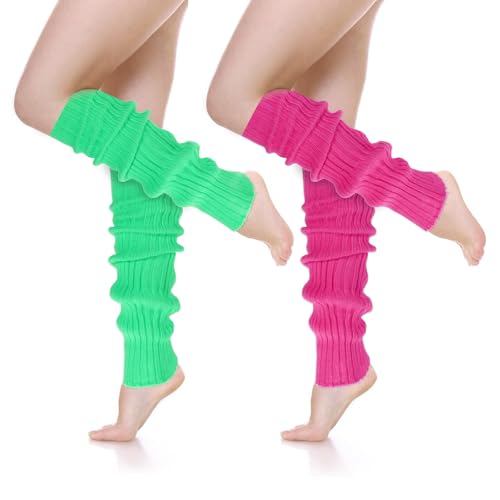 2 Pairs Neon Leg Warmers 80s Accessories for Women, Neon Pink and Green Socks, Retro Legwarmers Ribbed Leg Socks 80s 90s Stylish Accessories for Women Party Dance Sports Yoga