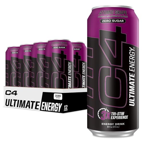 Image of C4 Ultimate Zero Sugar Energy Drink, Tri-Stim Experience with 300mg Caffeine + TeaCrine + Dynamine, Atomic Grape, 16oz (Pack of 12)