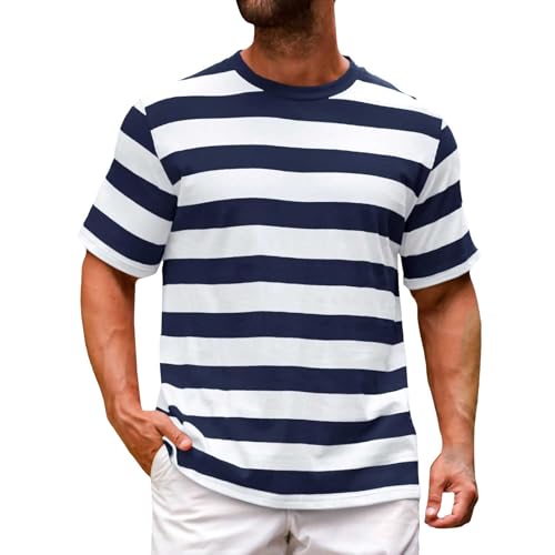 Camiseta para hombre, cuello redondo, a rayas, manga corta, camiseta con rayas, camiseta deportiva blanca, divertida, de gran tamaño, básica, de algodón blanco, deportiva, camiseta de marinero, marine
