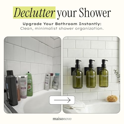 Image of Shampoo and Conditioner Dispenser Wall Mounted Set of 3 Green - No Drill Shower Soap Dispenser for Bathroom Refillable - Spa Hotel Style Accessories by MaisoNovo