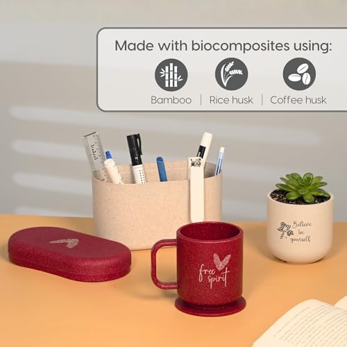 Image of Eha Earth-Friendly Gift Set for Mom| 350 ml | Planter, Mug with Coaster & Loopac | Gifts for Mom Made with Rice Husk Biocomposite | Gifts for Woman | Coral