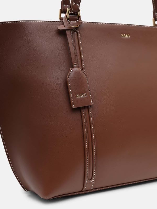 Image of Kazo Ryn Tote Bag | Premium Faux Leather Handbag for Women | Modern Oversized Structured Shopper with Contrast Edge Detail | Brown | Fits 15 inch Laptop
