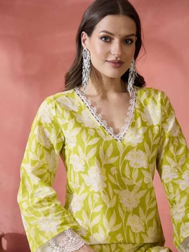 Image of Women's Floral Printed Cotton Afgani Kurta with Lace Detail Full Sleeves