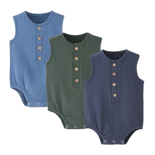 Image of WATOCHE Baby Boy Romper Sleeveless Cotton Linen Bodysuit Tank Top One Piece Neutral Newborn Baby Summer Clothes/Outfits