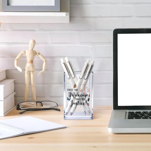 Image of First The Makeup, Then The Justice Acrylic Makeup Brush Organizer Holder, Lawyer Desk Acrylic Brushes Storage, Law Student Gifts, Thank you Gifts for Women Lawyer Judge Attorney Makeup Lover