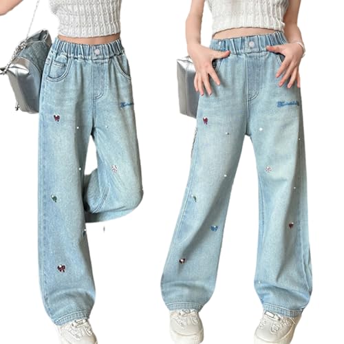 Girls' Pearl Jeans, Wide Leg Denim Pants with Bowknot Embroidery, 5 Pockets Trendy Casual Trousers for Tween