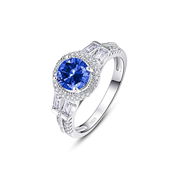 Empsoul 925 Sterling Silver Women's Created 5 Gemstones 7x7mm Round & Baguette Cut Filled Royalblue & White Tanzanite Eternity Bridal Wedding Ring Size 9