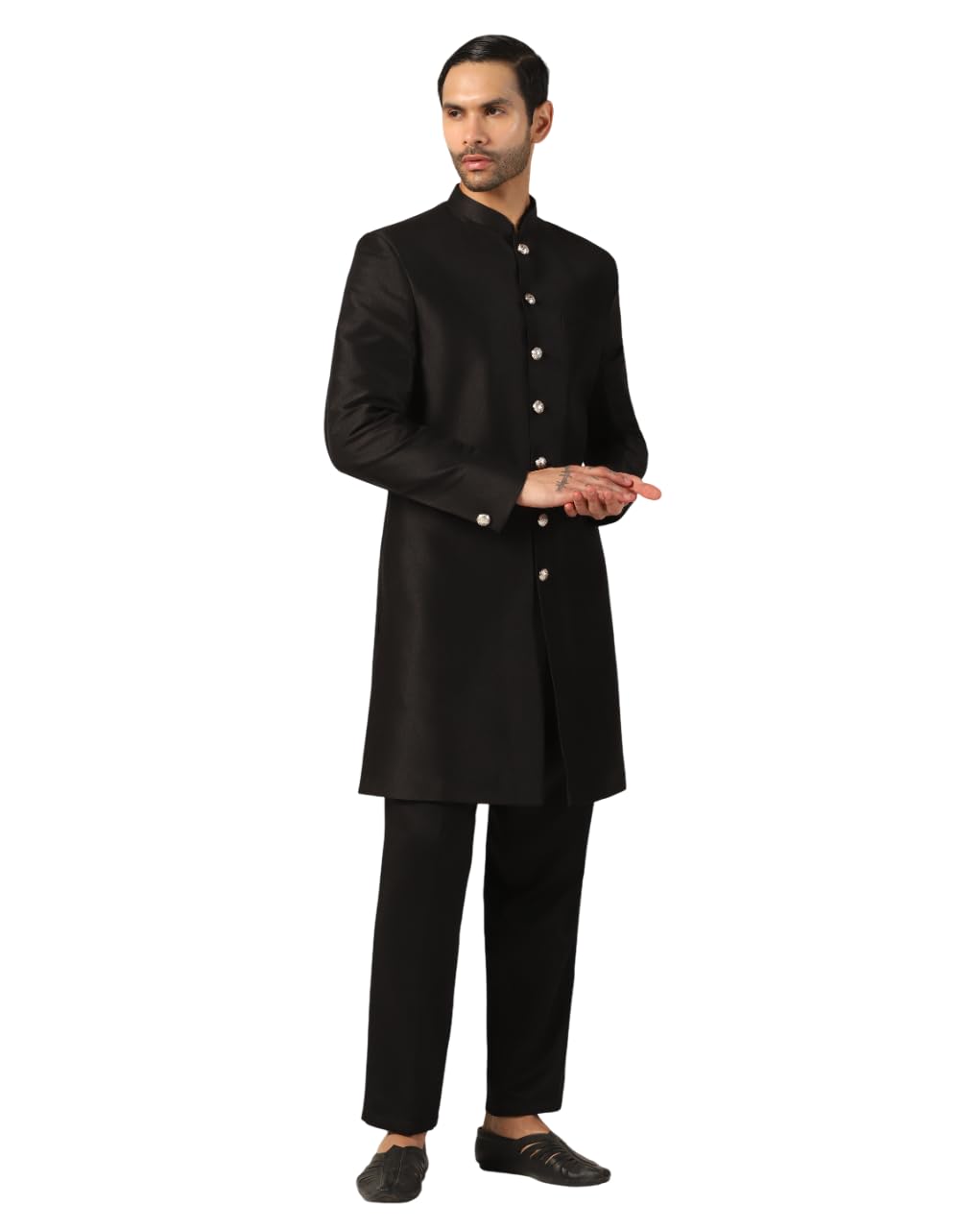 Elegant Black Sherwani for Men - Stylish Wedding Dulha Attire with Embellished Buttons-image-36
