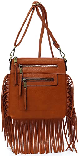 Fringe Tassel Cross Body Bag Vintage Shoulder Handbag Multi Zip Pocket Western Fringe Purse