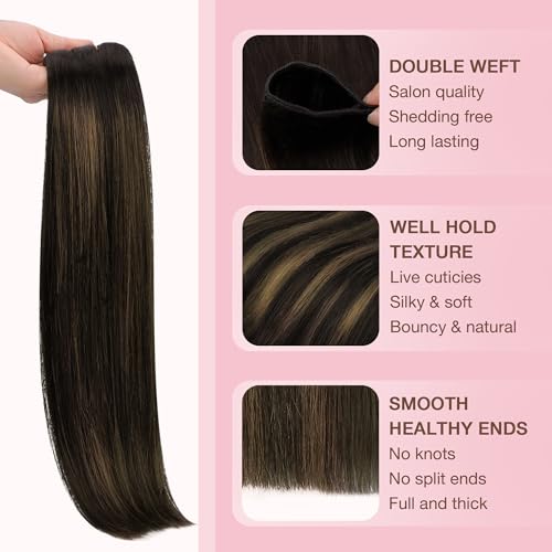 Image of GOO GOO Sew in Hair Extensions Real Human Hair, Weft Hair Extensions Human Hair, 2 /6 /2 Balayage Dark Brown to Chestnut Brown 14inch 80g, Weft Bundles Straight Silky Remy Hair