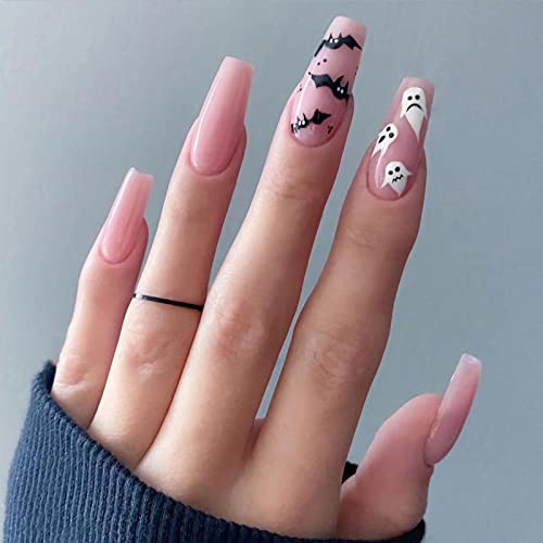 24 Pcs Halloween Press on Nails Long, Acrylic Ballet Fake Nails for Women, Halloween Glue on Nails with Designs (Ghost and Bat)