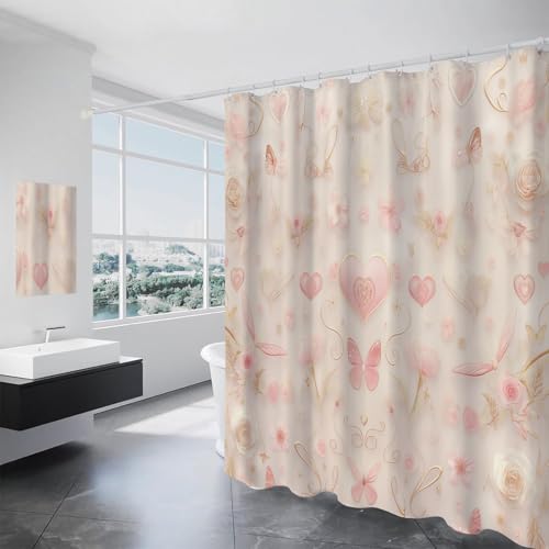Rideau de douche imperméable lavable polyester or rose papillon cœur 180x200