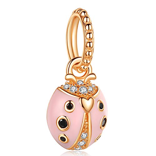 Sterling Silver 925 Ladybug Bead Charms in Rose Gold Fit Bracelet for Women DIY Jewelry Makers