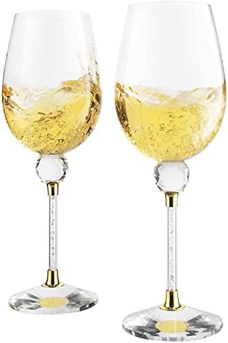 The Wine Savant Rhinestone DIAMOND Studded Wine Glasses 16 Ounces Set of 2 10-inches Tall, Gold and Laser Cut Sparkling Wine Wedding Glasses, Elegant Crystal - For Everyday, Weddings, Parties