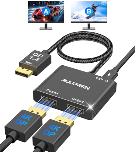 RUUPRRN 4K@60Hz DisplayPort to Dual DisplayPort Splitter Adapter Display Port Splitter for Dual Monitors DP 1.4 Splitter 1 in 2 Out Displayport MST Hub for PC Graphics Card NVIDIA AMD