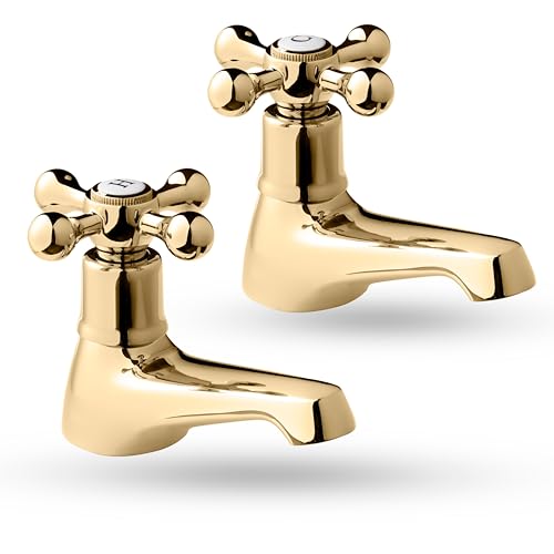 Deva Tudor Gold Bath Taps Traditional Brass Victorian Style Cross Lever Hot & Cold Handle Bathroom Bathtub Faucet Pair TUD02/501 – 12 Year Warranty, Set of 2 Pieces