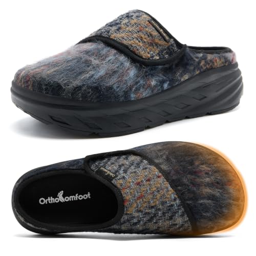 Women's Wide Width Diabetic Orthopedic Slip On Walking Shoes: Comfortable Orthotic Arch Support for Plantar Fasciitis Pain Relief, Winter Faux Fur Upper Gowalk Hook and Loop Shoes Navy Brown Size 8
