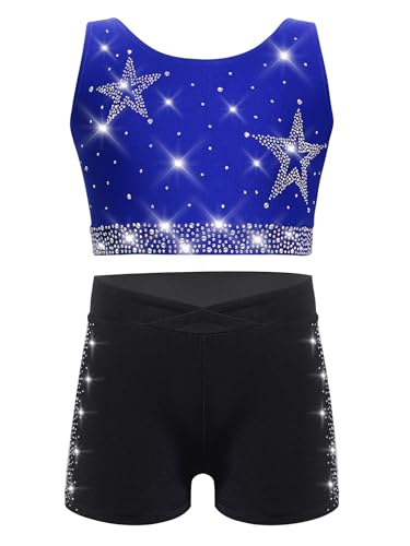 Kids Girls Gymnastics Dance Outfit Rhinestone Crop Vest Top Shorts Set Athletic Tracksuits for Yoga Blue Black 16 Years