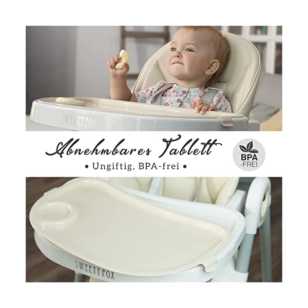 Sweety Fox Hochstuhl Baby mit Liegefunktion - Verstehllbar und Klappbar, Kinderstuhl mit Sicherheitsgurt - Mitwachsender Kinderhochstuhl 6 Monaten bis 3 Jahren, max. 15 kg – Bild 9