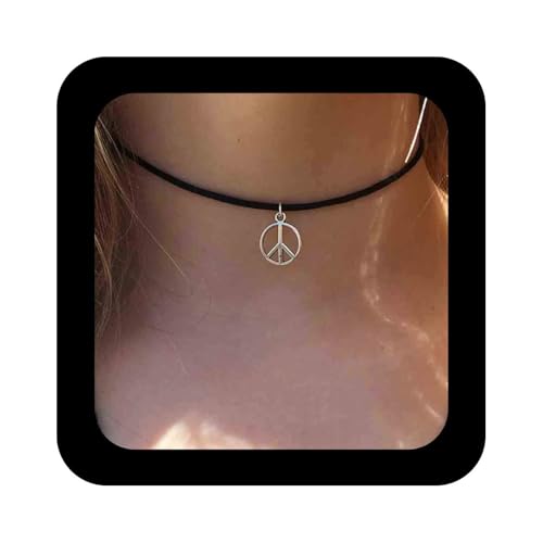 Cimenexe Collier pendentif paix bohème Collier ras du cou en cuir noir Symbole signe de paix Collier vintage cercle de paix Collier tour de cou hippie Collier bijoux...