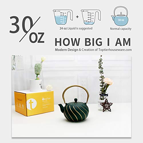 Tea Kettle, TOPTIER Japanese Cast Iron Teapot with Infuser, Stovetop Safe Cast Iron Tea Kettle, Wave Design Cast Iron Teakettle Coated with Enameled Interior for 30 oz (900 ml), Green - Thumbnail 7