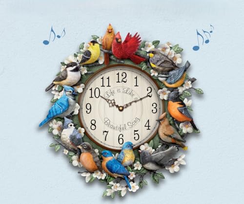 The Bradford Exchange Songbird Melodies Sculptural Wall Clock Featuring 12 Hand-Painted Bird Species that Mark The Hours On A Wooden-Framed Face with A Barn Board Look