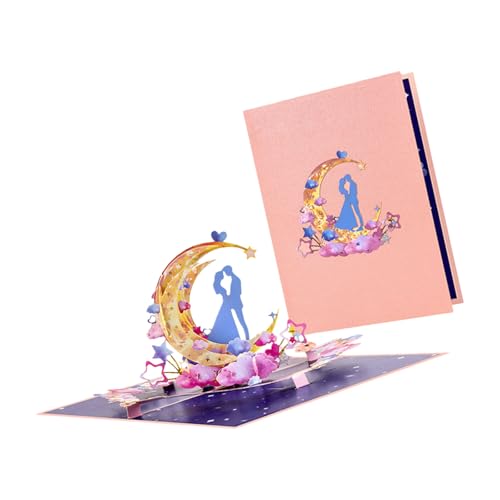 Oxtxuzdm Biglietto di auguri pop-up artistico fatto a mano con coppia di lune, realizzato in carta sostenibile, per eventi d'amore, San Valentino, biglietto popup sterico