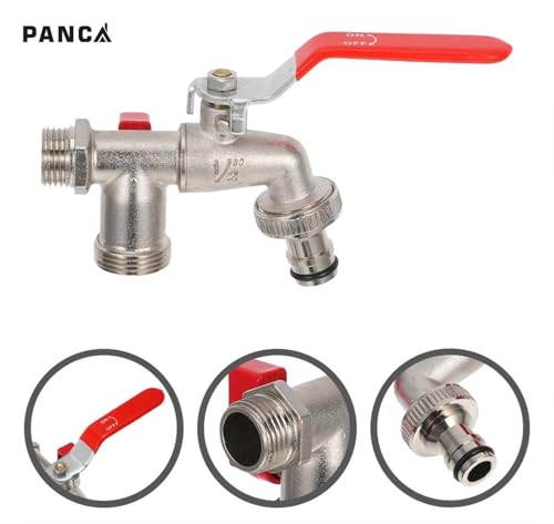 Image of PANCA 1 /2 Inch Dual Outlet Garden Faucet Splitter | Heavy Duty Double Valve Water Tap with Individual Flow Control | Zinc Alloy Bib Cock Connector for Garden, Kitchen & Bathroom (Red) (Red)