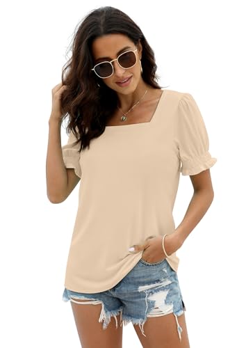 Image of WIHOLL Tops for Women Summer Casual Ruffle Trim Sleeve Square Neck T Shirts