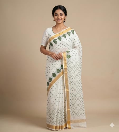 Image of eC ESHA'S COLLECTION Women's Kerala Cotton Floral Motif Printed Zari Bordered Tant Saree Without Blouse Piece