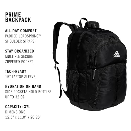Image of adidas Prime 6 School Backpack | Padded Laptop Sleeve, Multiple Organizer Pockets, Water-Bottle Pockets, Durable Build, School Gym & Travel Ready